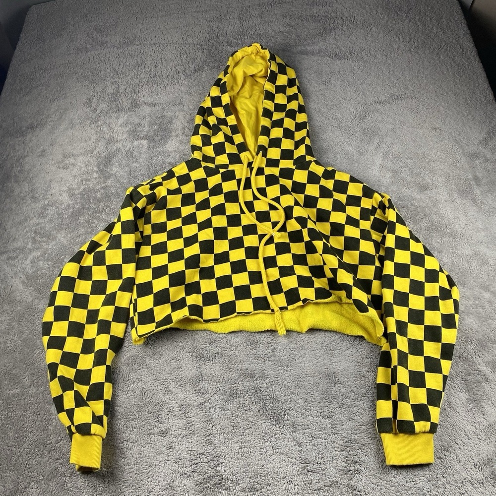 Forever 21 Checkered Long Sleeve Cropped Hoodie Women Medium‎ Yellow Black Raw